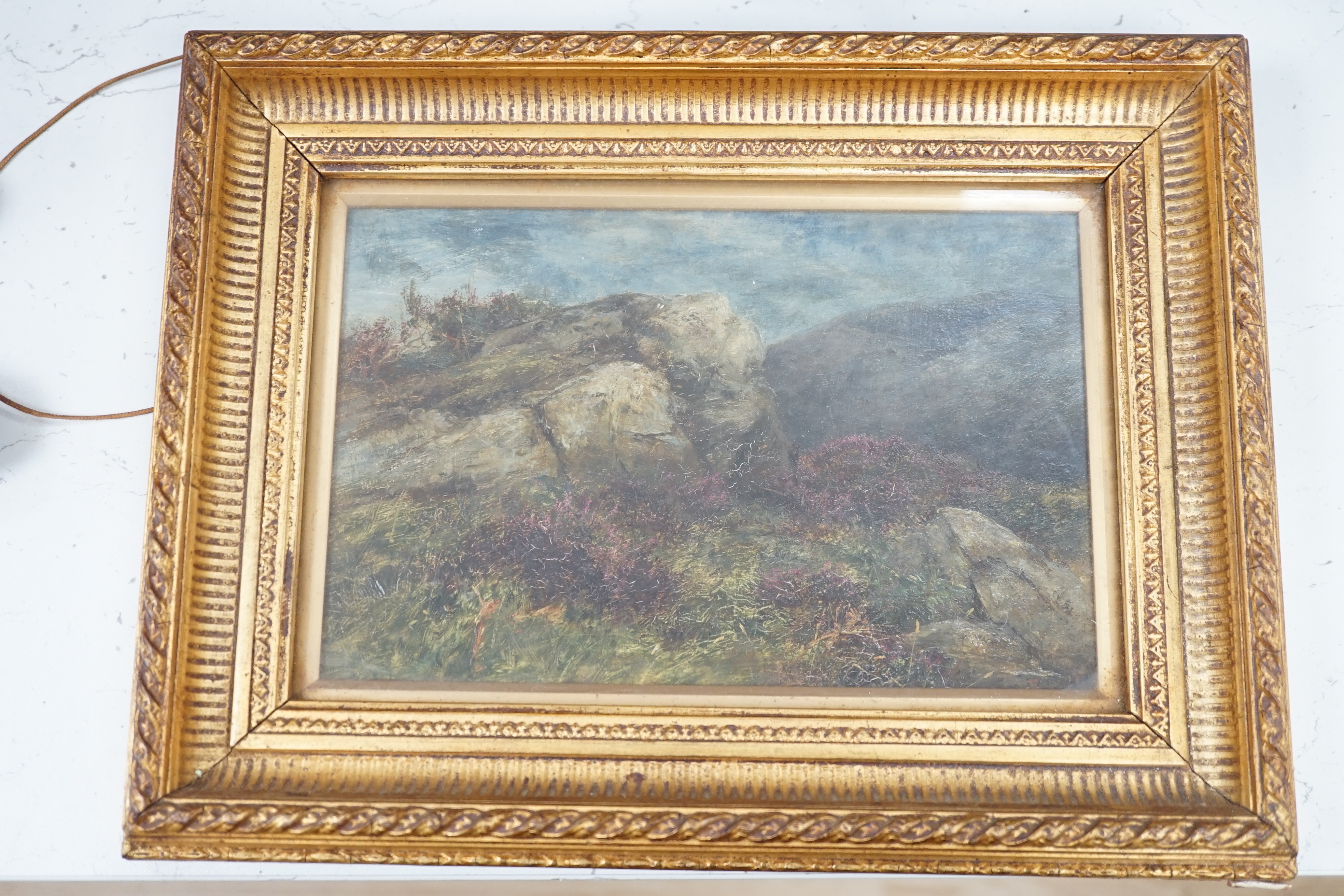 19th century, two oils on board, Hunting hounds in a landscape and Rocky landscape, largest 14.5 x 26cm, each gilt framed. Condition - fair